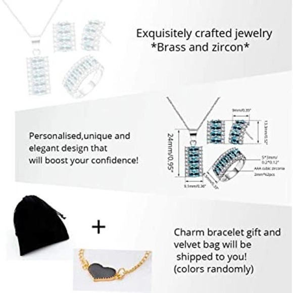 Platinum Plated Necklace Earring Ring CZ Cubic Rhinestone Necklace Blue Earrings - Picture 5 of 8